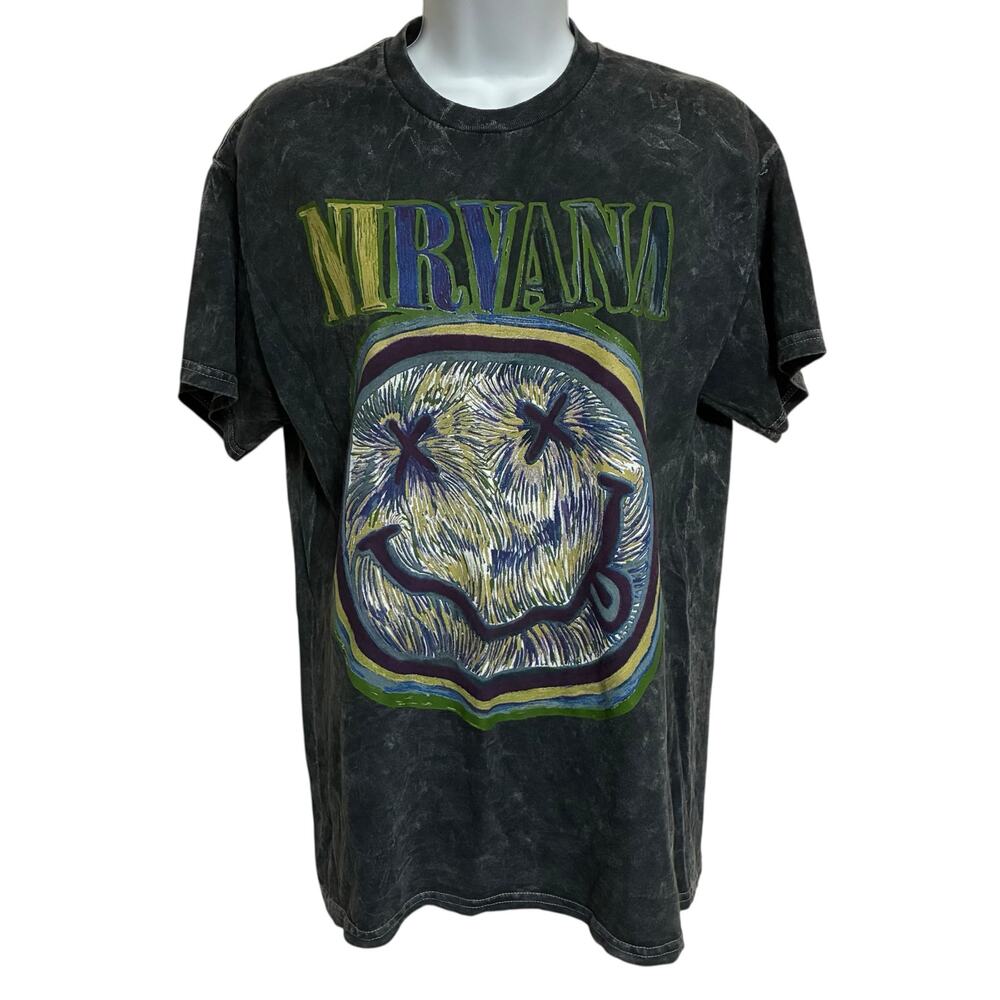Acid Wash Nirvana Smiley Graphic T-Shirt Womens Size M